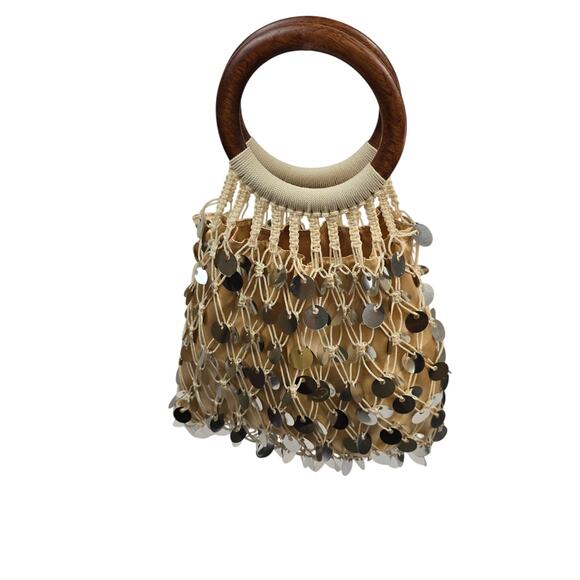 Cream & Gold Macrame & Wood Hoop Top Handle Tote/Purse - Picture 12 of 13
